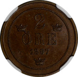 SWEDEN Oscar II Bronze 1897 2 Ore NGC MS64 BN TOP GRADED COIN BY NGC ! KM# 746
