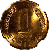 LATVIA Bronze 1939 1 Santims NGC MS64 RB Nice Red Toning BU KM# 10 (112)
