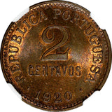 Portugal Bronze 1920 2 Centavos NGC MS63 RB  3 YEARS TYPE KM# 568 (013)