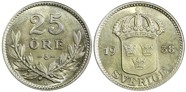 Sweden Gustaf V Silver 1938 25 Öre  KM# 785 (22 046)