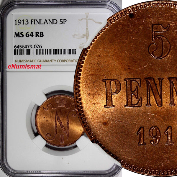 FINLAND Nicholas II Copper 1913 5 Penniä NGC MS65 RB 1 GRADED HIGHEST KM# 15 (6)