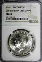 SWEDEN Silver 1966 U 5 Kronor NGC MS65 Constitution Reform 1 YEAR TYPE KM839 (0)