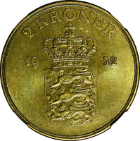Denmark Frederik IX Aluminum-Bronze 1952 N S 2 Kroner NGC AU DETAIL KM# 838.1(2)