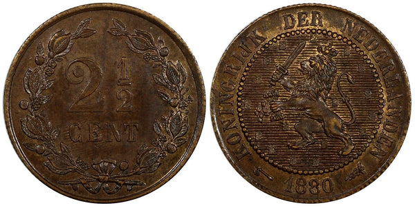 Netherlands Wilhelmina Bronze 1880 2-1/2 Cent aUNC/UNC  Condition KM# 108.1 (99)