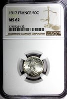FRANCE Silver 1917 50 Centimes NGC MS62  KM# 854 (132)