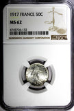 FRANCE Silver 1917 50 Centimes NGC MS62  KM# 854 (132)