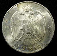 Yugoslavia Petar II Silver 1938 20 Dinara 1 Year Type KM# 23 (22 599)