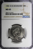 DENMARK 1981 BB 10 Kroner NGC MS65 Better Date TOP GRADED BY NGC ! KM# 864.1 (0)