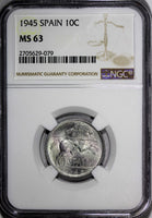 Spain Aluminum 1945 10 Centimos NGC MS63 WWII Issue NICE BU COIN  KM# 766 (079)