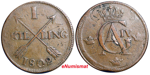 SWEDEN COPPER 1802  1 SKILLING OVERSTRUCK ON 2 ORE S.M. 1743-1768  KM#566 (2424)