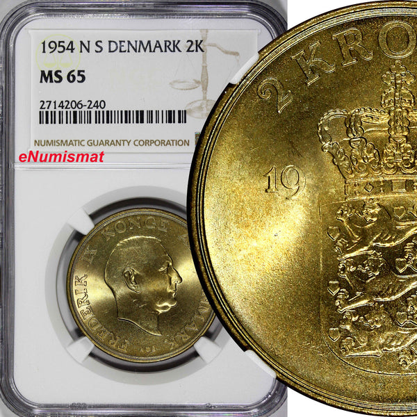 Denmark Frederik IX 1954 2 Kroner NGC MS65 High Grade KM# 838.1 (240)