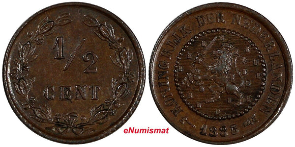 Netherlands William III Bronze 1885 1/2 Cent ch.XF KM# 109.1 (20 461)