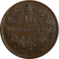 Italy Umberto I Copper 1893 B/I 10 Centesimi Heaton's Mint,Birmingham KM#27.1(5)
