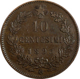 Italy Umberto I Copper 1893 B/I 10 Centesimi Heaton's Mint,Birmingham KM#27.1(5)