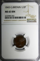 Great Britain Victoria (1837-1901) Copper 1843 1/2 Farthing NGC MS63 BN KM# 738