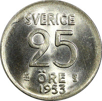 Sweden Gustaf VI Silver 1953 TS 25 Öre GEM BU COIN KM# 824 (22 011)