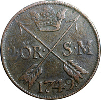 SWEDEN COPPER  Frederick I 1749 2 Ore,S.M.Struck at Avesta Mint . KM# 437