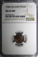 Finland Nicholas II Copper 1908 1 Penni NGC MS65 BN KM# 13 (022)