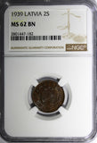 Latvia Bronze 1939 2 Santimi NGC MS62 BN 1 YEAR TYPE KM# 11.2 (182)