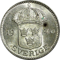 Sweden Gustaf V Silver 1940 G 25 Öre  KM# 785 (22 042)