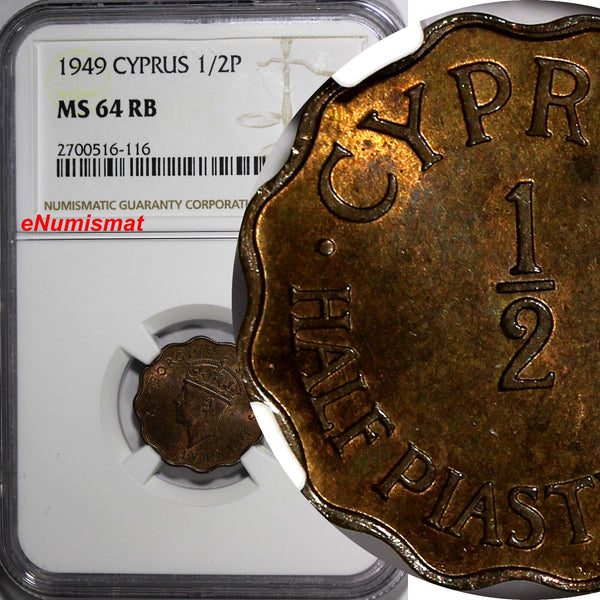Cyprus BRITISH COLONY 1949 1/2 Piastre NGC MS64 RB 1 YEAR TYPE KM# 29 (116)
