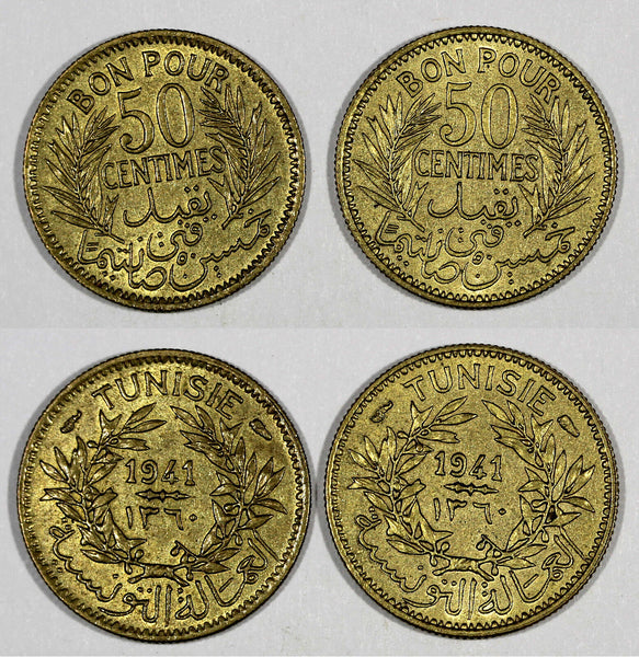 TUNISIA LOT OF 2 COINS AH1360//1941 50 Centimes UNC Mint Luster KM# 246 (20 820)