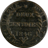 Haiti Copper 1846 // AN 43 2 Centimes Ex.Wolfgang Schuster Coll. (17 572)