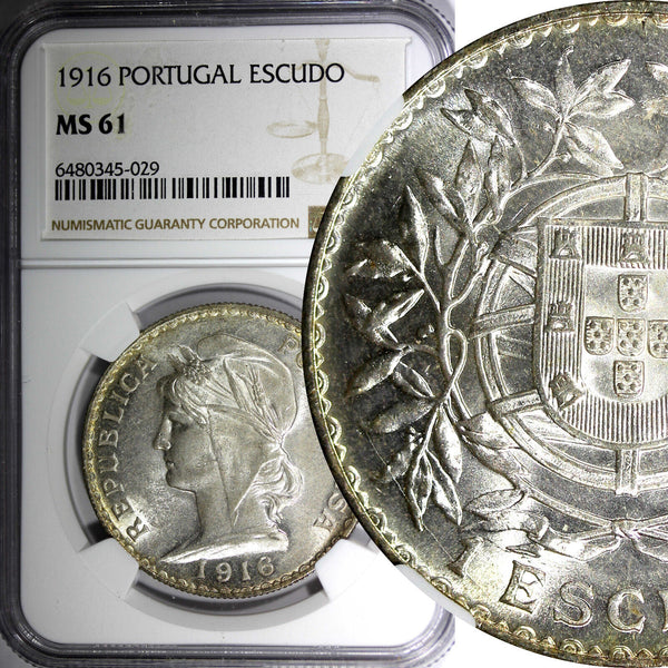 PORTUGAL Silver 1916 1 Escudo 37mm NGC MS61 Lisbon Mint KM# 564 (029)