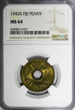 Fiji George VI Brass 1942 S 1 Penny NGC MS64 San Francisco Mint KM# 7a (027)