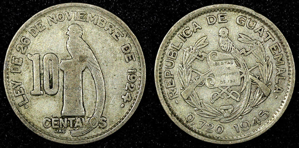GUATEMALA Silver 1945 10 Centavos Guatemala City Mint KM# 239.1 (22 850)