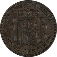 Spain Alfonso XII Bronze 1877 OM 5 Centimos XF Condition KM# 674 (19 526)