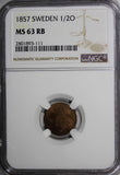 SWEDEN Oscar I Bronze 1857 1/2 Ore NGC MS63 RB RED BROWN KM# 686 (111)