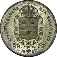 SWEDEN Carl XIV Johan Silver 1832 CB 1/8 Riksdaler SCARCE KM# 626 (15 262)