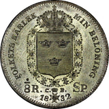 SWEDEN Carl XIV Johan Silver 1832 CB 1/8 Riksdaler SCARCE KM# 626 (15 262)