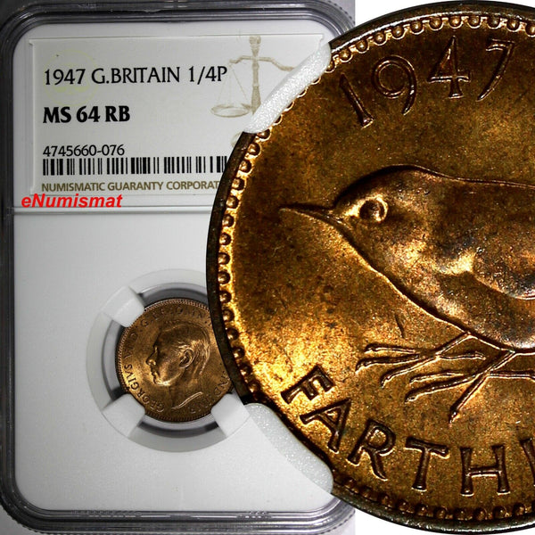 Great Britain George VI Bronze 1947 Farthing NGC MS64 RB KM# 843 (076)
