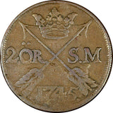 Sweden Fredrik I Copper 1745 2 Ore, S.M.Silvermynt Mintage-141,900 KM# 437(371)