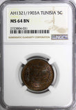 TUNISIA Muhammad al-Hadi Bey AH1321/1903A 5 Centimes NGC MS64 BN TOP GRADE KM228