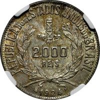 Brazil Silver 1924 2000 Reis NGC MS63 1st Date Type KM# 526 (023)