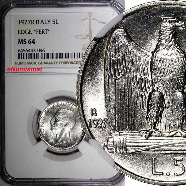 Italy Vittorio Emanuele III Silver 1927 R 5 Lire Edge" FERT" NGC MS64 KM#67.1(6)