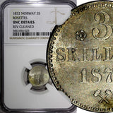 Norway Oscar II Silver 1872 3 Skilling Rosettes NGC UNC DETAILS KM# 338.1 (025)