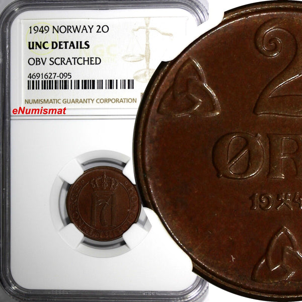 Norway Haakon VII Bronze 1949 2 Ore NGC UNC DETAILS  KM# 371  (095)