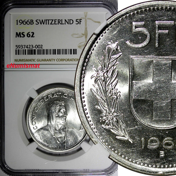Switzerland Silver 1966 B 5 Francs NGC MS62 GEM BU KM# 40 (002)