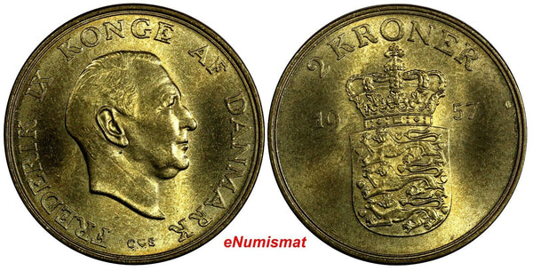 Denmark Frederik IX Aluminum-Bronze 1957 C S 2 Kroner GEM BU 31mm KM# 838.2 (50)