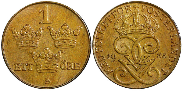 SWEDEN Gustaf V Bronze 1935 1 Öre  Choice UNC Condition KM# 777.2 (21 919)