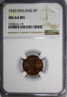 Finland Copper 1920 5 Pennia NGC MS64 BN TOP GRADED BY NGC KM# 22 (179)