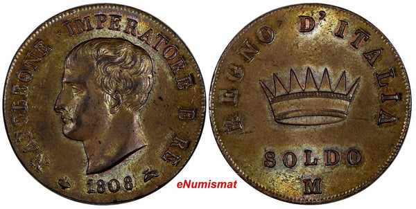 ITALY Kingdom of Napoleon Copper 1808 M SOLDO Milan aUNC SCARCE C#3.2 (11 210)