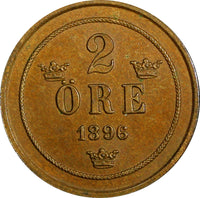 Sweden Oscar II Bronze 1896 2 Öre large letters Choice UNC KM# 746 (21 942)