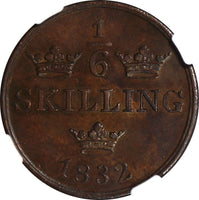 SWEDEN Carl XIV Johan 1832 1/6 Skilling NGC MS62 BN PLAIN BORDER KM# 634 (032)