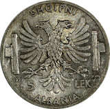 Albania Vittorio Emanuele III Silver 1939 R 5 Lek WWII Ocupation aUNC KM33/13044