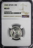 Spain Aluminum 1945 10 Centimos NGC MS63 WWII Issue NICE BU COIN  KM# 766